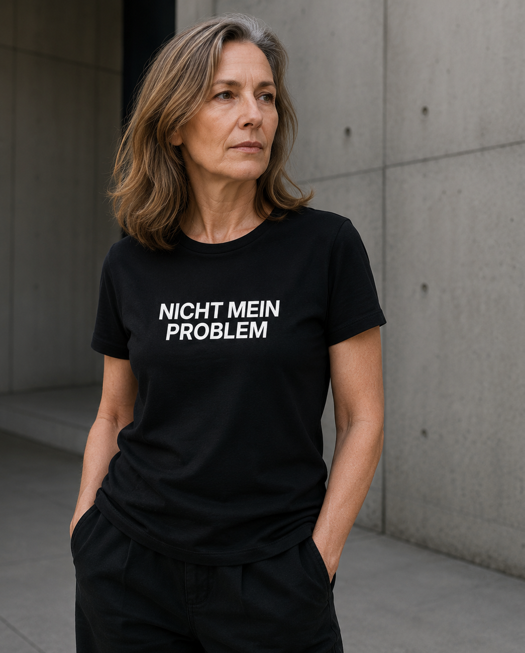 Mature woman wearing black NICHT MEIN PROBLEM statement shirt against neutral concrete wall.